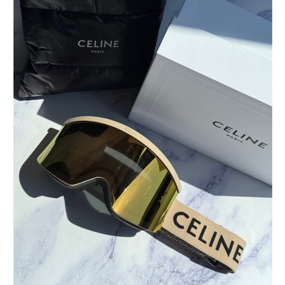 NEW Celine CL40302U Beige Gold Logo Mirrored Ski Goggles - Picture 4 of 5